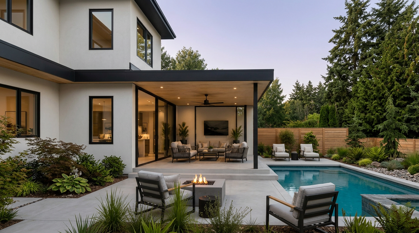 Modern covered patio with cedar soffit and black steel posts built by Cedar Moon Structures in Eugene, Oregon